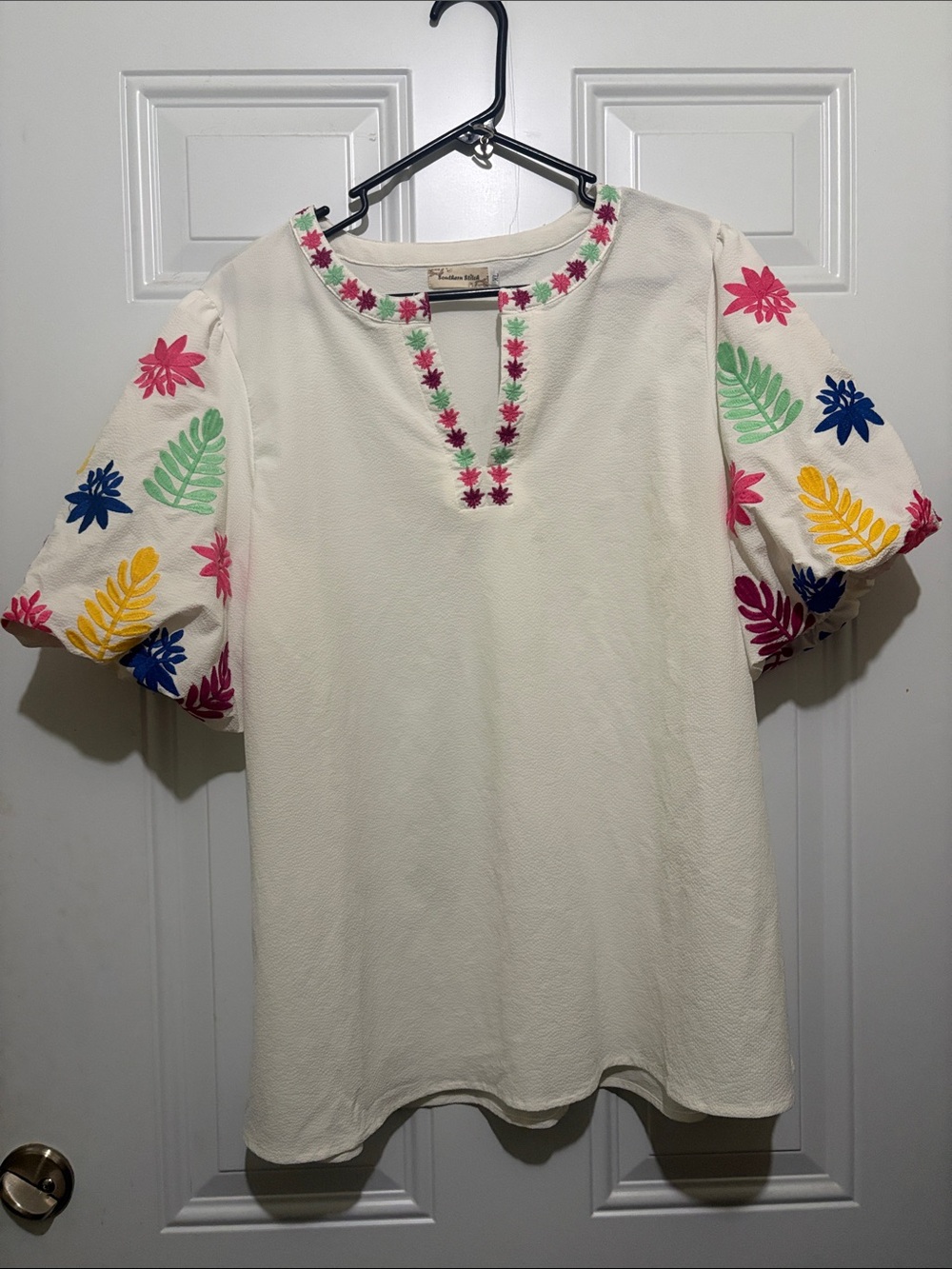White Southern Stitch Embroidered Puff-Sleeve Top with Multicolor Floral Accents